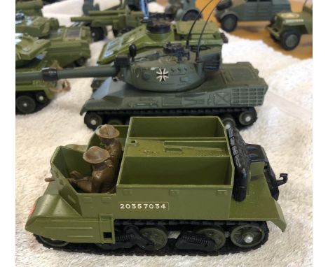 Collection of DINKY US &amp; German army toys consisting of; 3 Jeeps, 3 Misiles, Car, 11Tanks, 2 Motorbikes, 2 Lorrys, a Trai