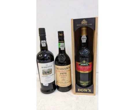 Three bottles of Port to include Grahams late bottled vintage 1979 Burmester and Dow in a wooden presentation box 