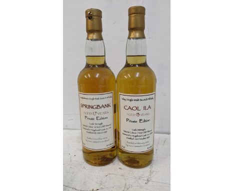 Two bottles of Caol Ila Islay single Malt Scotch Whisky, one aged 13 years, one aged 17 years, private edition, cask number 1
