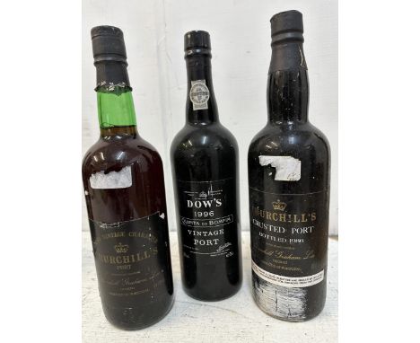 A single bottle of Dows vintage 1996 and two bottles of Churchills Port, one Crusted Port bottled in 1986 