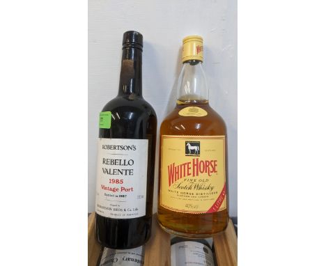 A single bottle of Robertson's Rebello Valente 1985 vintage Port and a single bottle of White Horse Scotch Whisky 1lt 