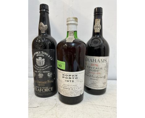 Three bottles of Port to include Grahams 1970s vintage Port, Delaforce Son's &amp; Co 1970s vintage Port and Kopke Porto 1975