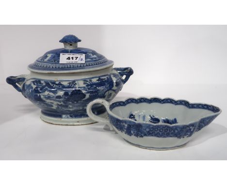 A Chinese export blue and white tureen and cover and a sauce boat Condition Report: chips to tureen handles, rims and lid fin
