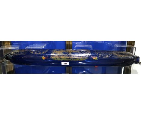 An oversized Bristol blue glass 'Mariners' rolling pin, early 19th century, with gilt printed decoration of The Unfortunate L