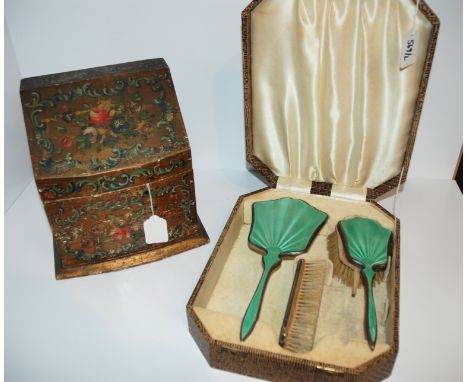A painted stationary box, 19cm wide, cased enamel brush set (2) Condition Report: Available upon request
