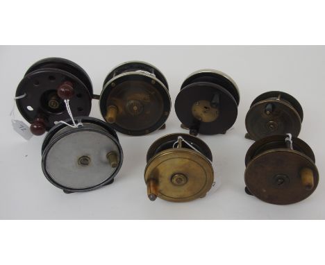 Seven various reels comprising ebonite and brass 4in with nickel rim, 3in brass plate wind with horn handle, star back ebonit
