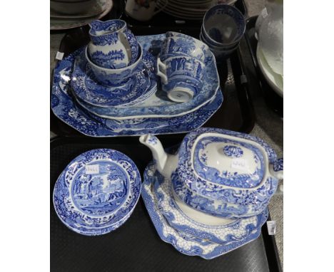 A lot comprising blue &amp; white Spode Italian pattern wares including tea pot, cups, saucers, serving plates, sugar bowl, c