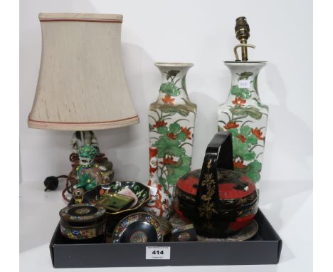 A cloisonne pot, dish and match box holder, a Kutani bottle vase, a Fo dog, a pair of leaf decorated vases, satsuma figural l