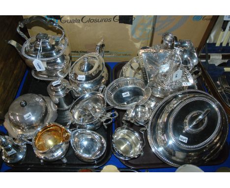 Two tray lots of EP, tea service with kettle, muffin dish, entree dish etc Condition Report: Available upon request