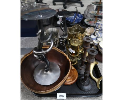 A lot comprising a pair of metal abstract candlesticks, another wooden pair, a wooden snuffbox made from the wood in Glasgow 
