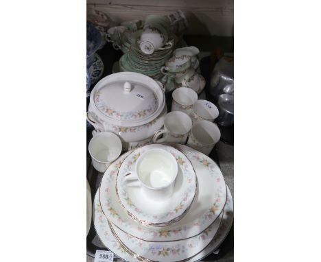 A lot comprising Staffordshire Mayfair pattern part dinner service, a Royal Stafford green ground and gilt decorated part tea