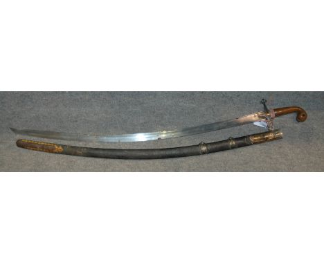 A middle-eastern sword with curved blade in leather scabbard,  blade 85cm, overall 99cm Condition Report: Available upon requ