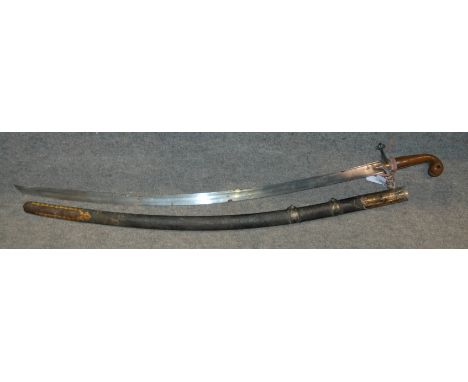 A middle-eastern sword with curved blade in leather scabbard,  blade 85cm, overall 99cm Condition Report: Available upon requ