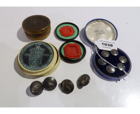 A lot comprising a cased set of livery buttons, the Douglas family seals, a Portuguese patch box &amp; a Portuguese medallion