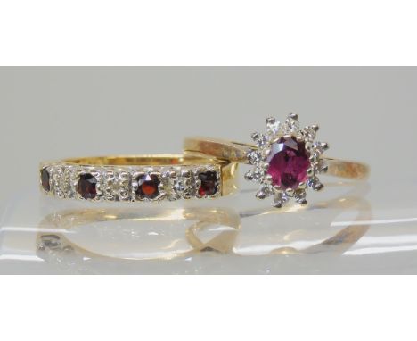 A 9ct ruby and diamond cluster ring, ruby approx 5mm x 4mm finger size N, together with a 9ct ruby and diamond eternity ring 