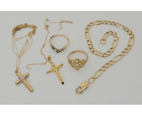 A 9ct gold bracelet, two crosses, a jumble of (af) chain and two rings, to include a celtic knotwork example size K1/2, weigh