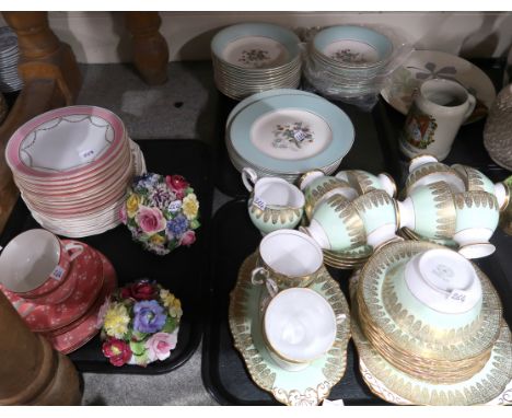 A lot comprising a green ground and gilt decorated Royal Tuscan part tea service, Royal Worcester 1874 polka dot decorated cu