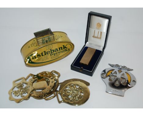 A Dunhill lighter, Castle Bank Dyeworks tin money bank etc Condition Report: Available upon request
