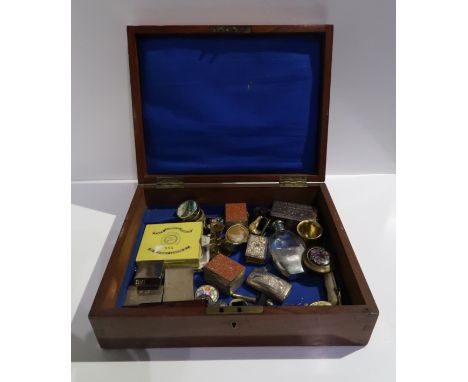 A lot comprising assorted pill boxes, spirit flask, double ended scent bottle &amp; pre-decimal coins etc in a mahogany box C