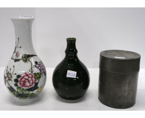 A Chinese bottle vase, a pewter tea caddy and a French green glazed vase Condition Report: Available upon request