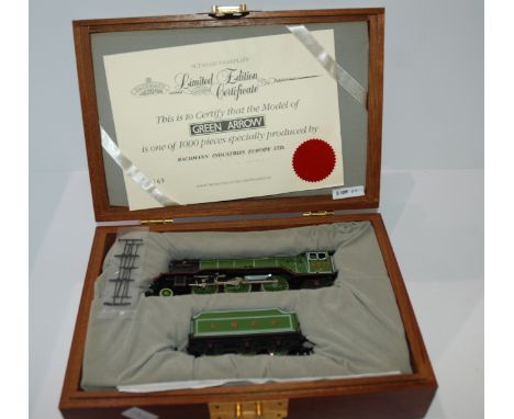 A limited edition Bachmann Green Arrow locomotive and tender in fitted case, two other Bachmann locomotives, Hornby example e