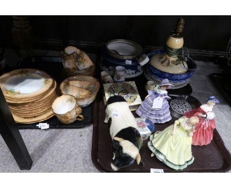 A lot comprising Royal Doulton figures Paula &amp; Genevieve, another figure of a lady, an Adderley hand painted part tea ser