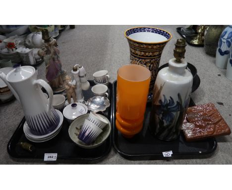 A lot comprising a John Struthers stoneware glazed bowl and cup, both stamped JAS to base, a continental porcelain lamp base 