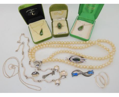 Three items of silver New Zealand jade jewellery, a silver and enamel brooch and other items Condition Report: Not available 