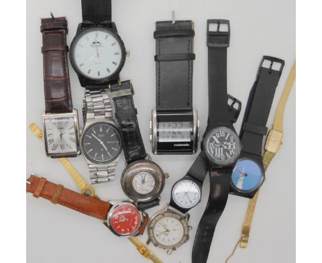 A collection of vintage watches to include, A red dialed Roamer, three Swatch watches, a Butler &amp; Wilson watch etc Condit