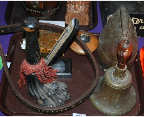 A tray lot including hand bell, cow bell, table lighter etc Condition Report: Available upon request