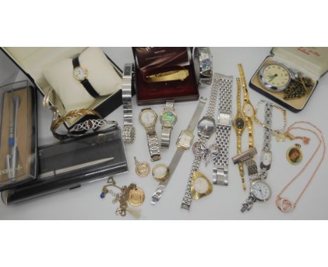 A silver garnet set knotwork bangle, a collection of watches to include a Smiths Empire pocket watch etc Condition Report: No
