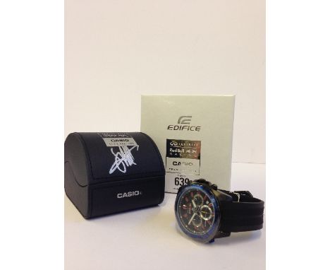 A Casio Red Bull Racing Edifice wristwatch with black chronograph dial with original tags, presented in a Casio Edifice leath