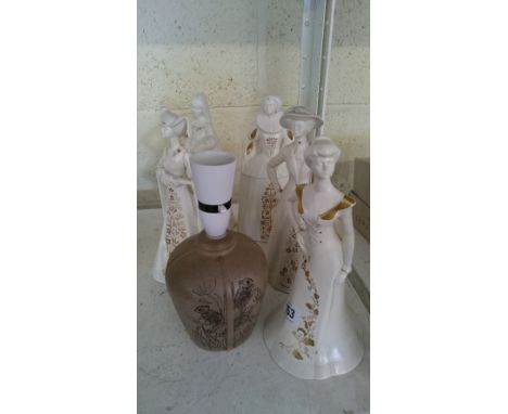 A set of five Poole Pottery Ladies of Elegance figures together with a Barbara Linley Adams stoneware lamp base.(P100)