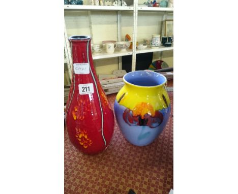 A Poole Pottery Living Glaze flask shaped vase by Eddie Goodall, circa 2004 together with another Living Glaze vase.