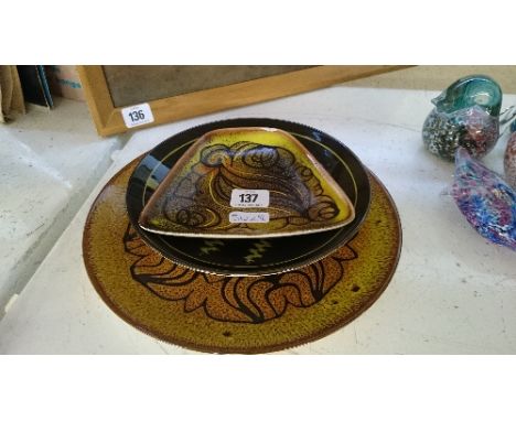 Three various Poole Pottery Aegean dishes including a Shape 3 dish decorated with three sailing boats.