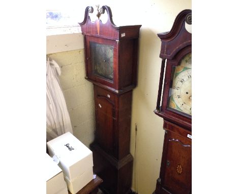 An early 19th century oak and mahogany cased longcase clock with swan neck pediment, the brass dial with Roman and Arabic num