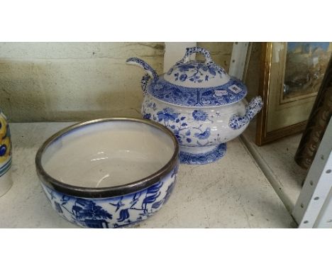 A blue & white 19th century twin handled Spode china tureen and ladle (tureen chipped to rim) together with a Mintons blue an