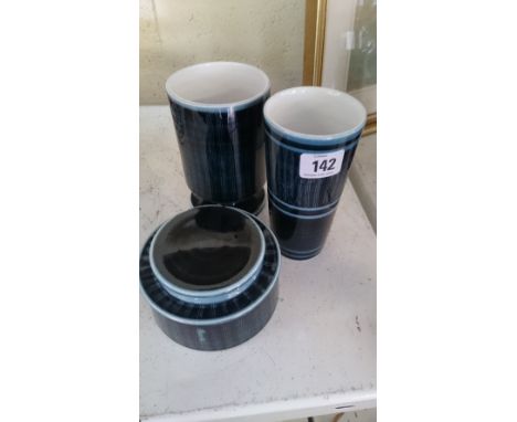 Two Robert Jefferson design Poole Pottery Cylindrical vases together with a matching lidded pot.
