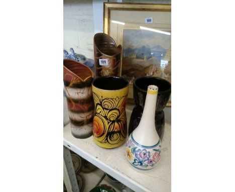 Two Poole Pottery Aegean vases together with two Poole Pottery Sienna range vases and a white bodied bottle vase. (P)