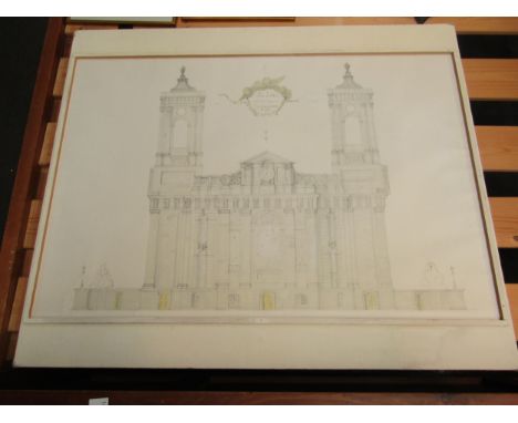 An architectural pencil drawing of St. Johns, Smith Square, Westminster, 1:50 scale, framed, 78cm x 116cm image size 