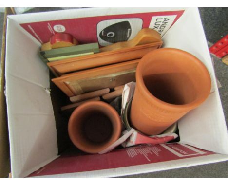 A box of miscellaneous including ceramic chicken, pictures, terracotta wine coolers etc 