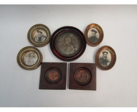 Four hand-coloured portrait engravings including Henry VIII together with two circular copper side portrait plaques and a lar