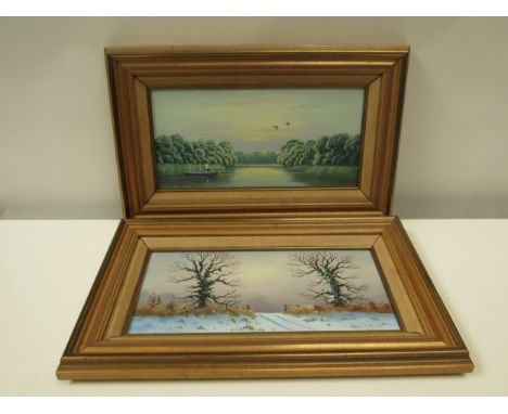 S.F CLARKE (Broadland artist) - 'Winter Light' &amp; 'Quiet Evening, Rollesby Broad', oils on board. 14cm x 29cm (2) 