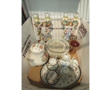 A box of mixed ceramics: Victorian figural candlesticks, modern child's tea set, Coronation teapot, etc 