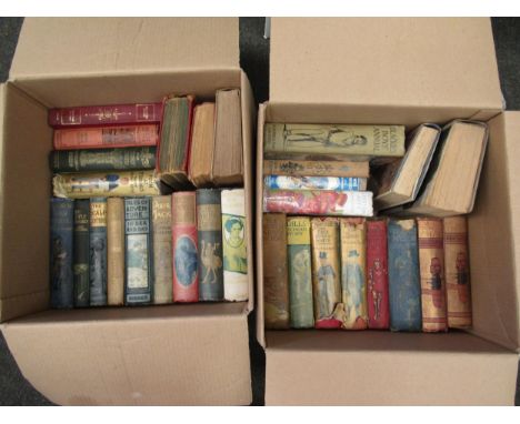 Two boxes of mainly boys juvenile adventure books in pictorial cloth bindings, including R M Ballantyne, Captain Marryat, G A
