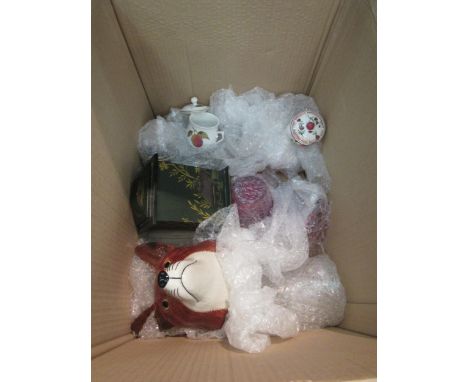 A mixed box of china and glass including ceramic fox head wall pocket, glass jugs, cabbageware dish 