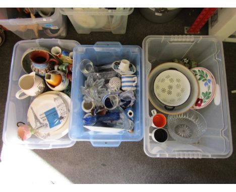 Three boxes of chinaware and kitchenalia including Poole Pottery dinner and side plates and a modern Wedgwood Etruria jug 