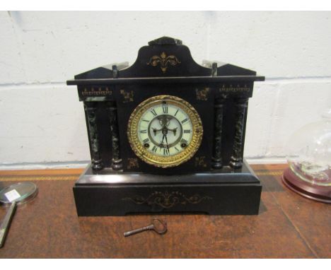 A late 19th Century black Belgian marble mantel clock of Architectural form with skeleton escapement, damage to case 