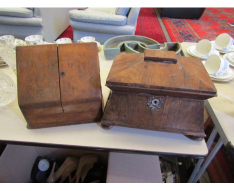 A 19th Century sarcophagus shape tea caddy with glass bowl and lidded compartment and a desk tidy, both a/f 