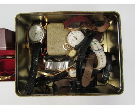 A tin containing misc. watches including Lorus, Rotary etc 